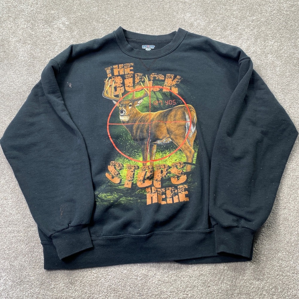 Jerzees Graphic Sweatshirt Mens XL Black The Buck Stops Here Hunting Vintage 90s
